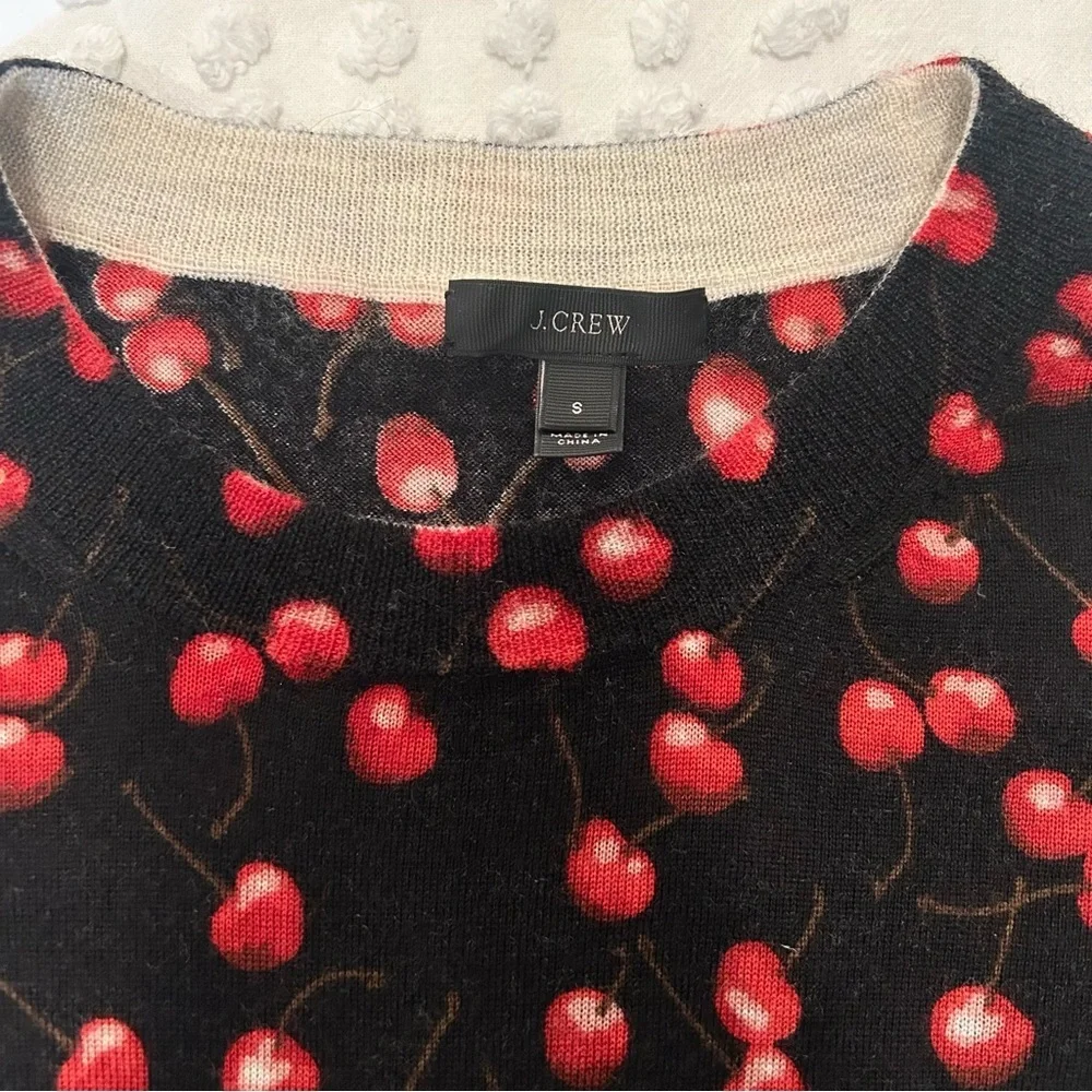 J. Crew Black and Red Cherry Print Tippi 3/4 Sleeve Crew Neck Sweater S